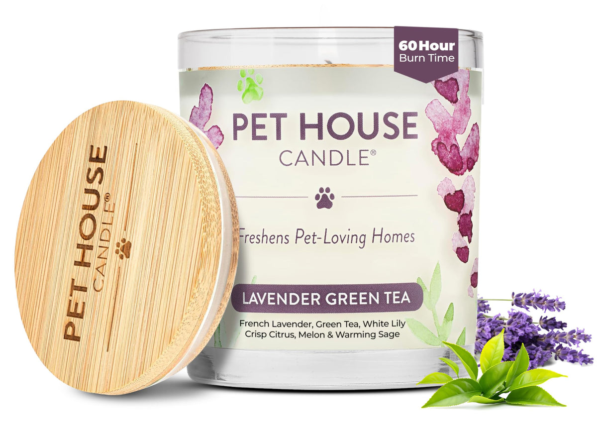 One Fur All Pet House Lavender Candle packaging, clean design for pet-friendly odor control.