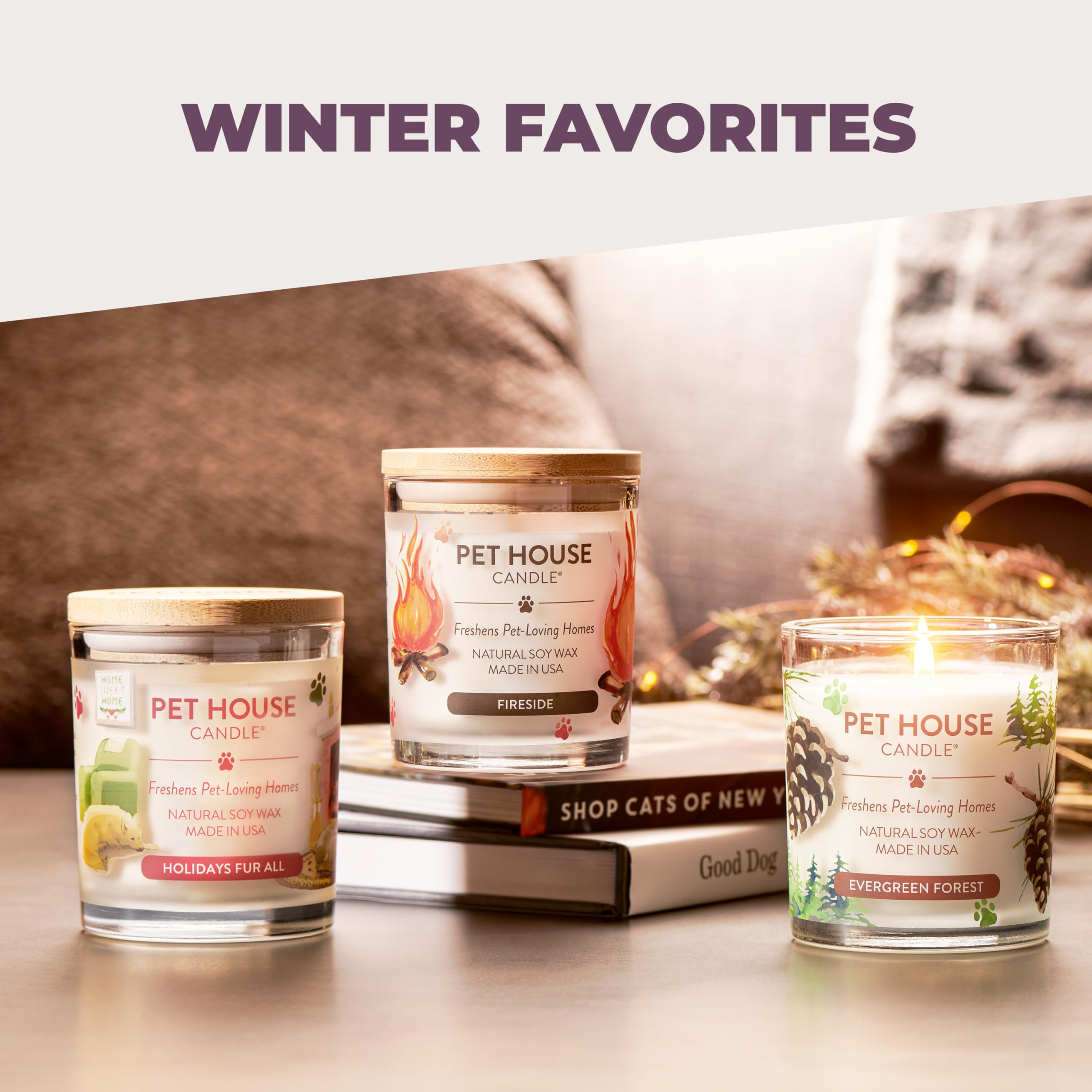 One Fur All candle on shelf ready for easy home use.