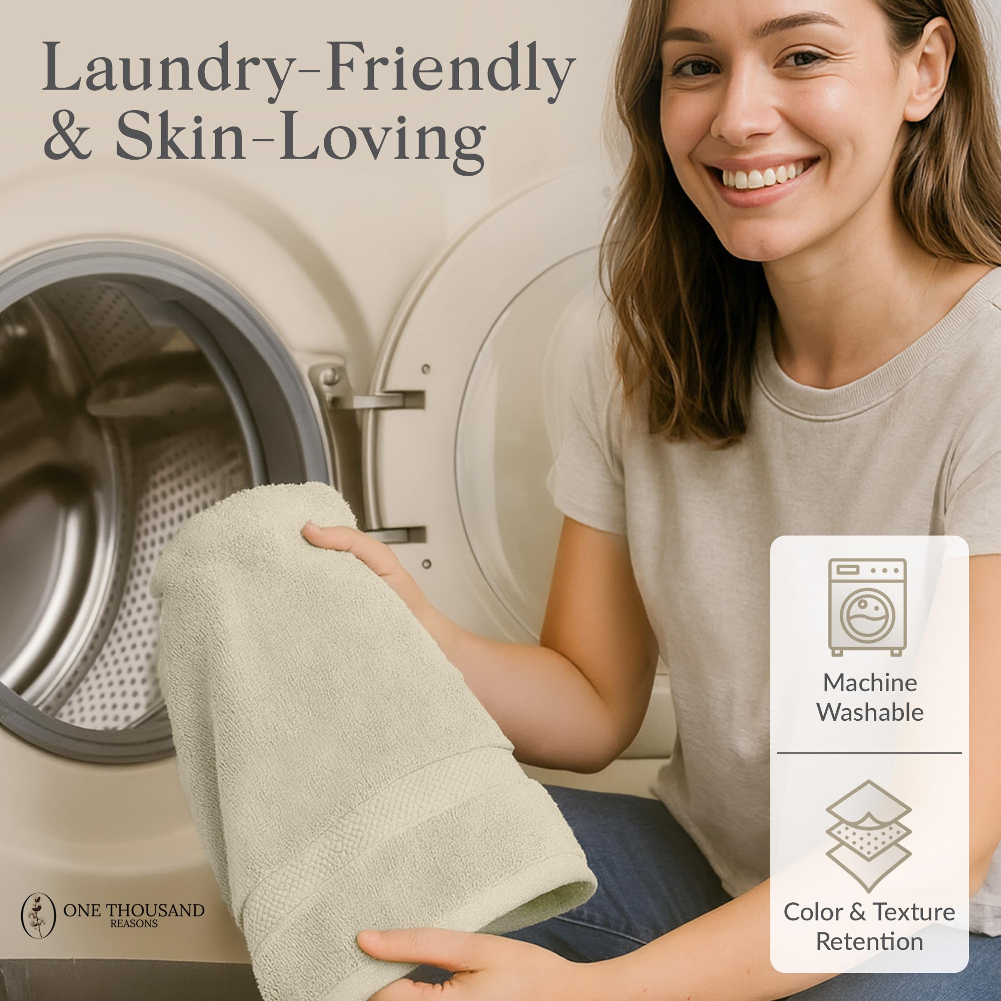 One Thousand Reasons luxury beige towels with stripe design, hotel-quality feel for home.