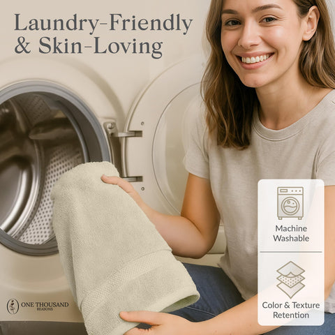 One Thousand Reasons luxury beige towels with stripe design, hotel-quality feel for home.