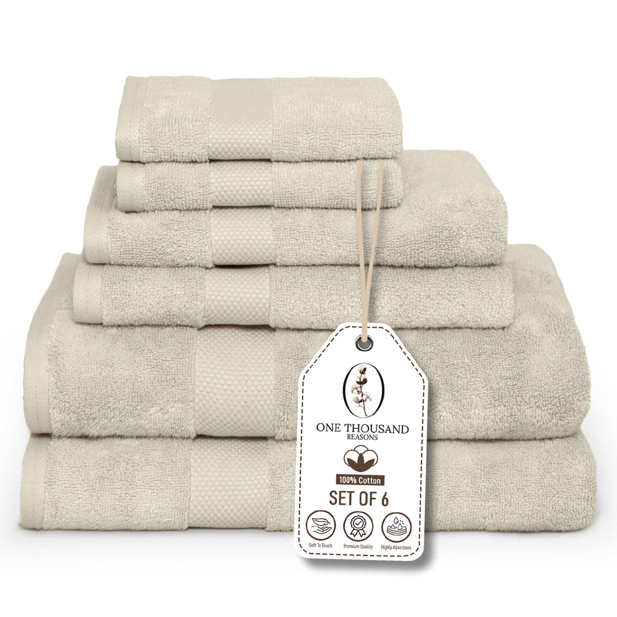 One Thousand Reasons premium cotton bath towel set in beige with stripe detail, plush and absorbent.