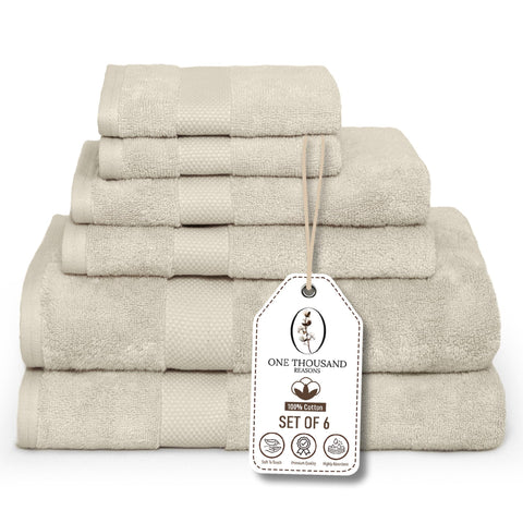 One Thousand Reasons premium cotton bath towel set in beige with stripe detail, plush and absorbent.