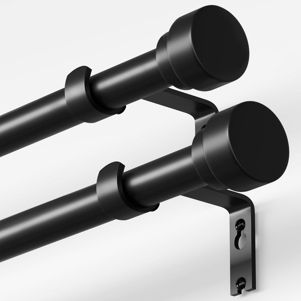 Oneach heavy-duty curtain rods in black finish provide sturdy support for thick drapes.