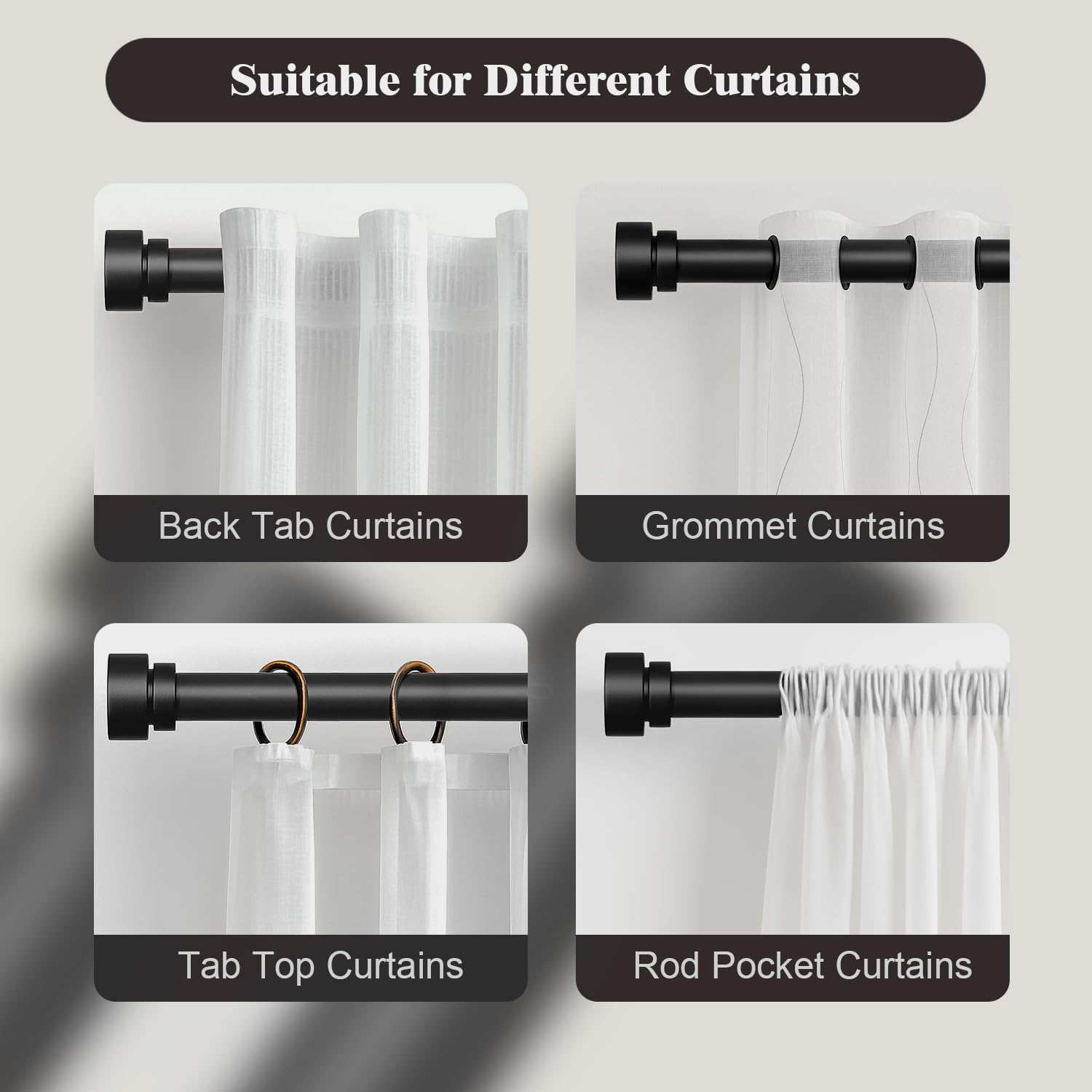 Oneach rod system fits window widths from 28 to 48 inches.