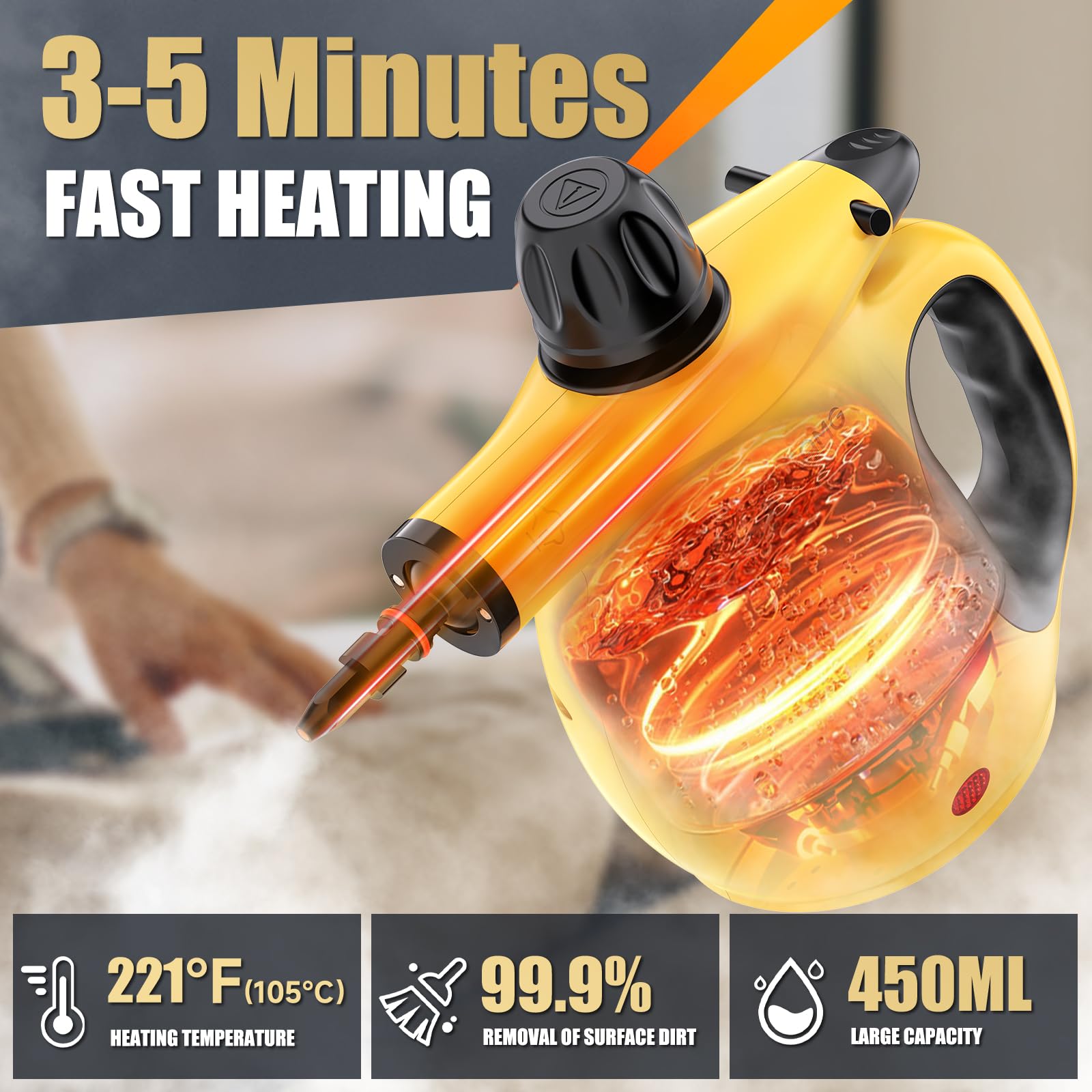 OneAmg steam cleaner with extended cord reaches tight spaces.