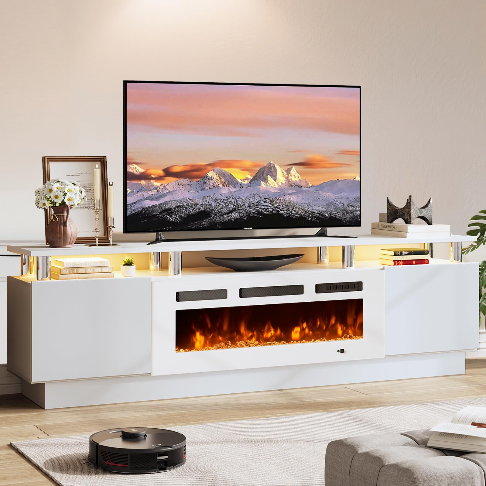 OneBlis 70-inch TV stand with fireplace, spacious top for a large TV and media gear.
