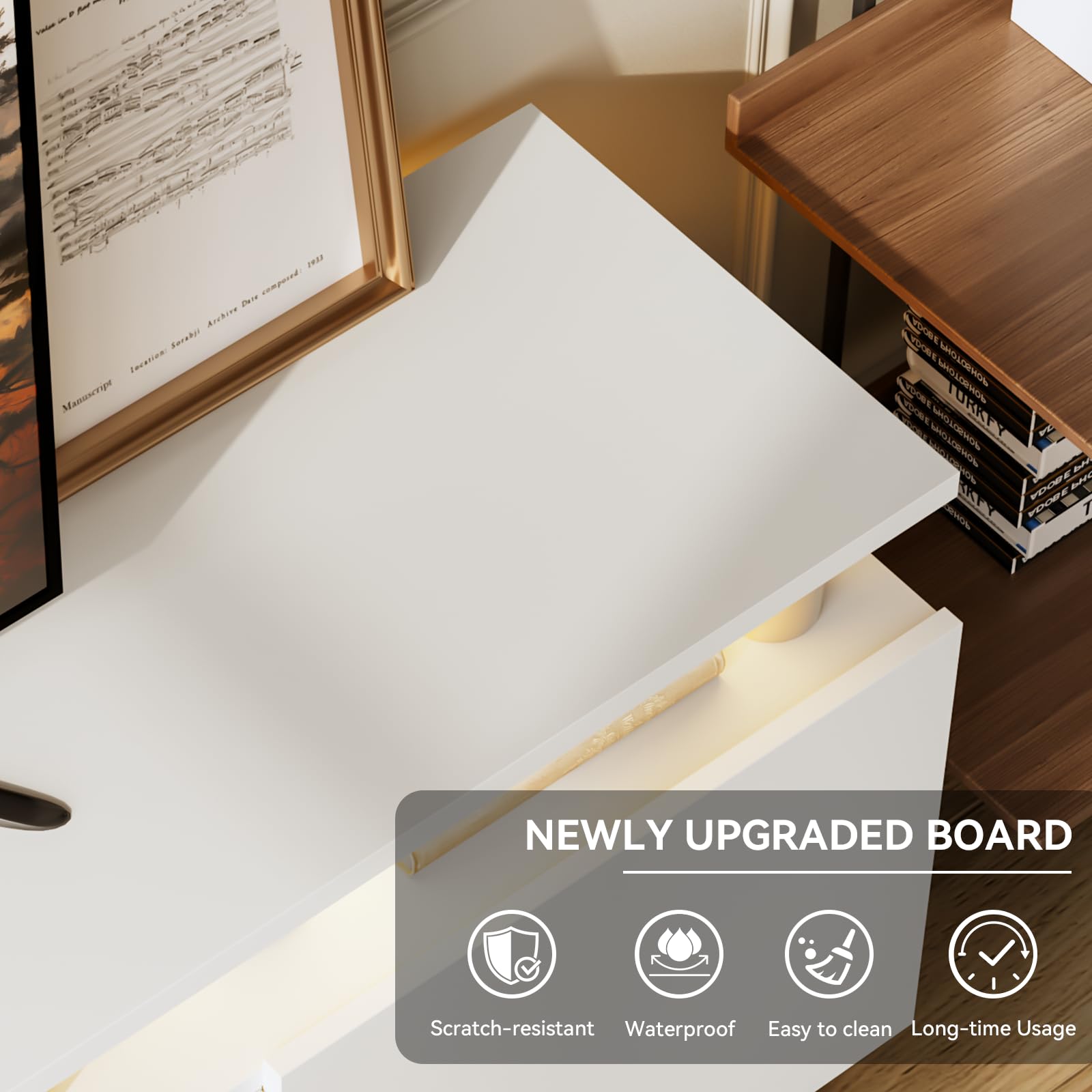 OneBlis double-layer storage cabinets organize media, books, and decor.
