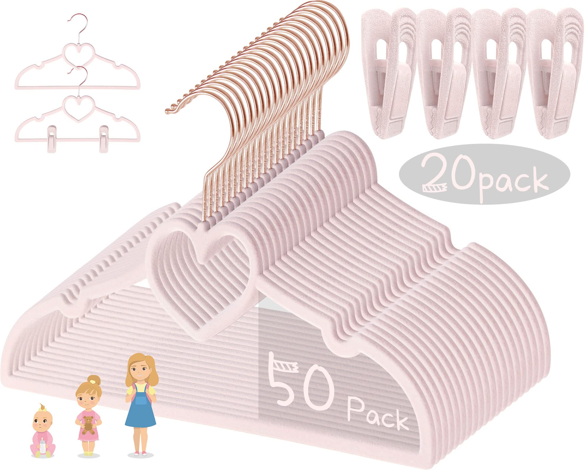 OneDream Pink Heart Velvet Hanger with clips keeps toddlers' outfits securely in place
