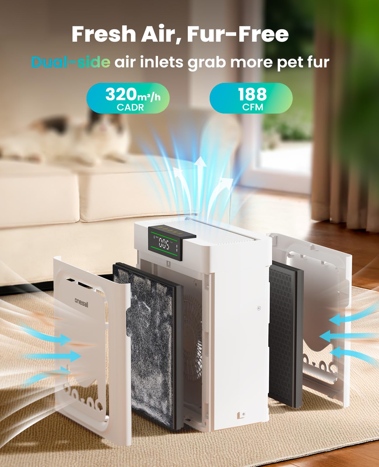 Oneisall air purifier with real-time sensors monitoring air quality