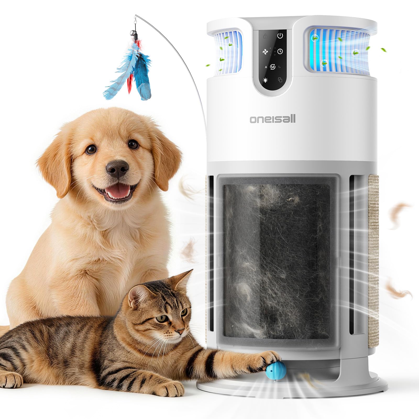 Oneisall Pet Air Purifier front view highlighting 360° airflow for whole-room purification