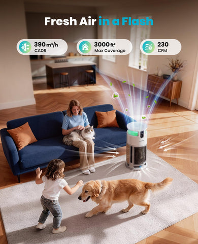 Oneisall Pet Air Purifier large inlets capturing pet hair across surfaces