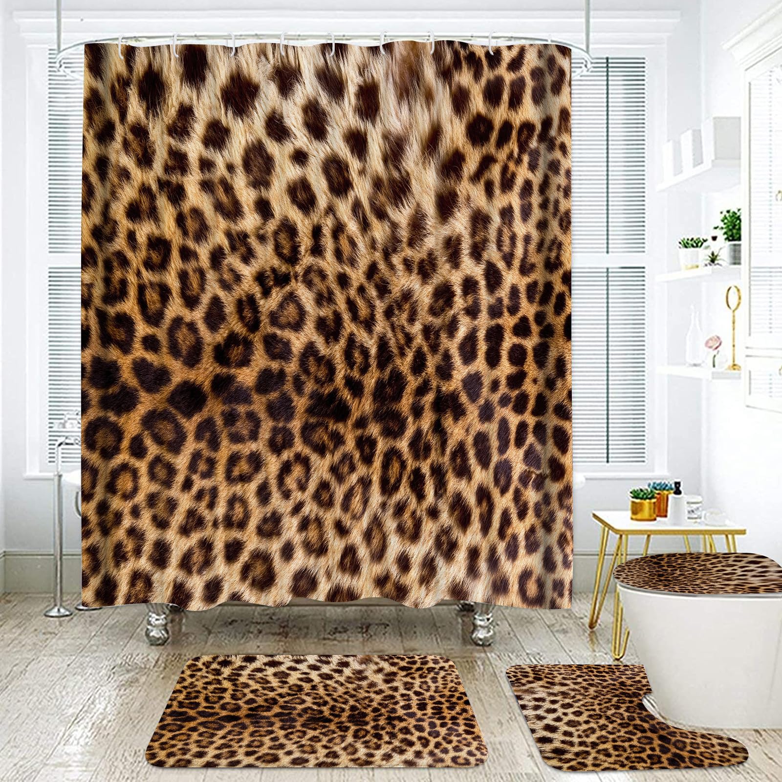 Onlalasyc leopard shower curtain with brown print adds bold bathroom style.