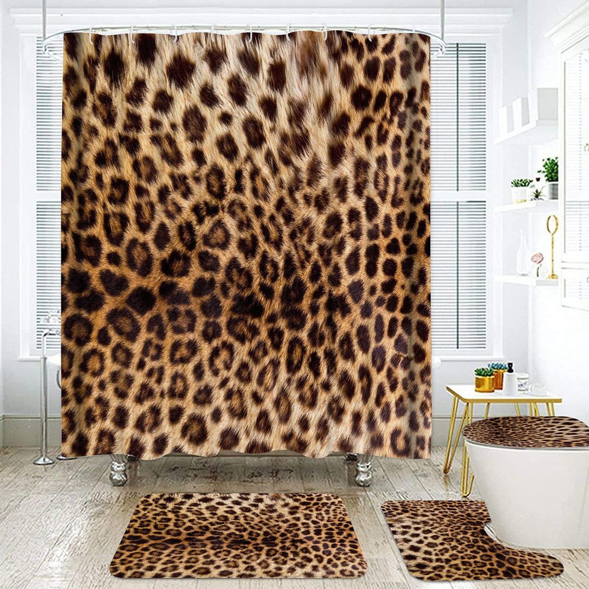 Onlalasyc leopard shower curtain with brown print adds bold bathroom style.