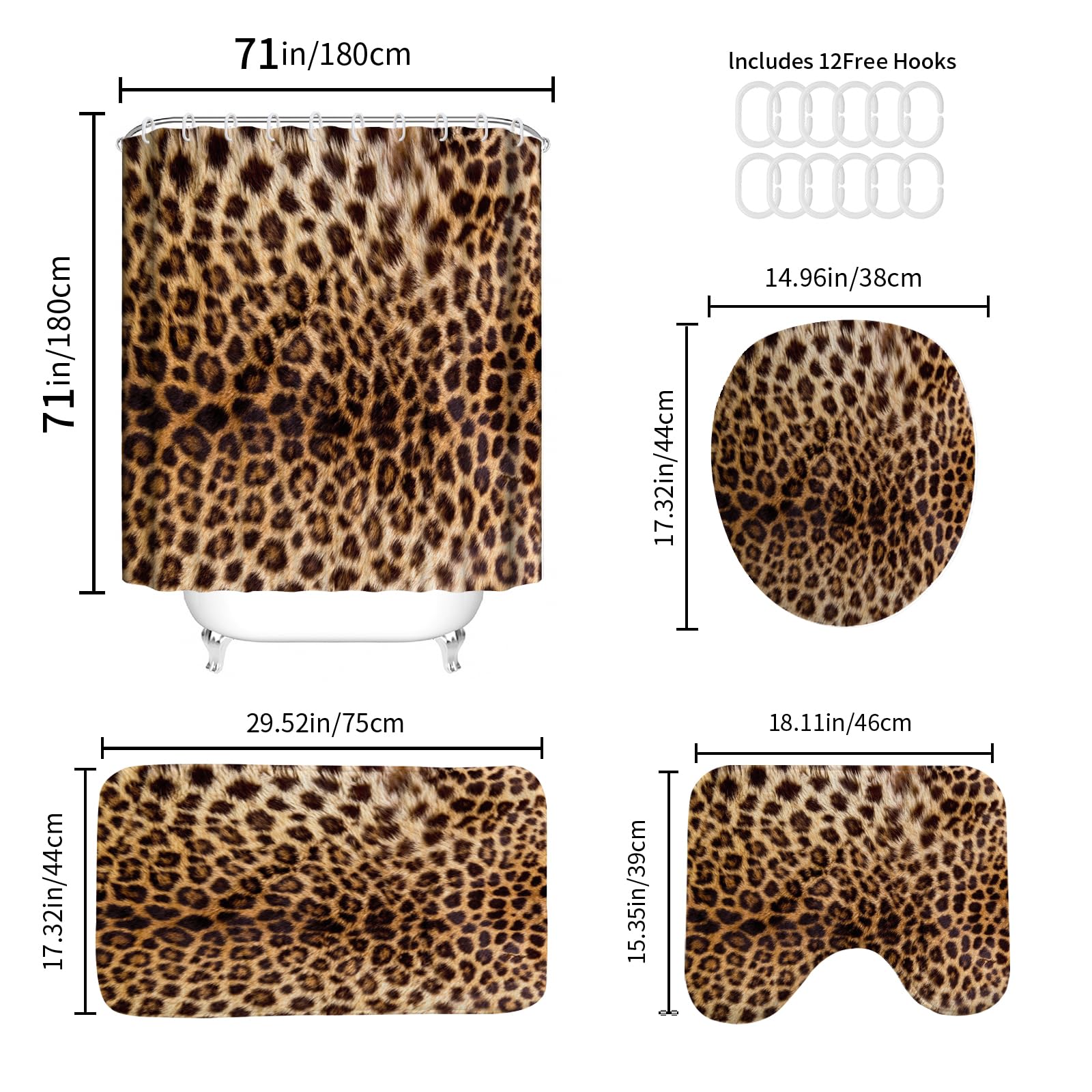 Onlalasyc leopard shower curtain set includes rugs and hooks for easy setup.