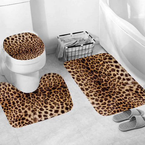 Onlalasyc leopard toilet lid mat enhances coordinated bathroom look.