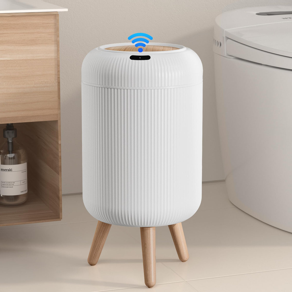 onlcuk automatic motion sensor trash can with lid opens quickly for hands-free kitchen use.