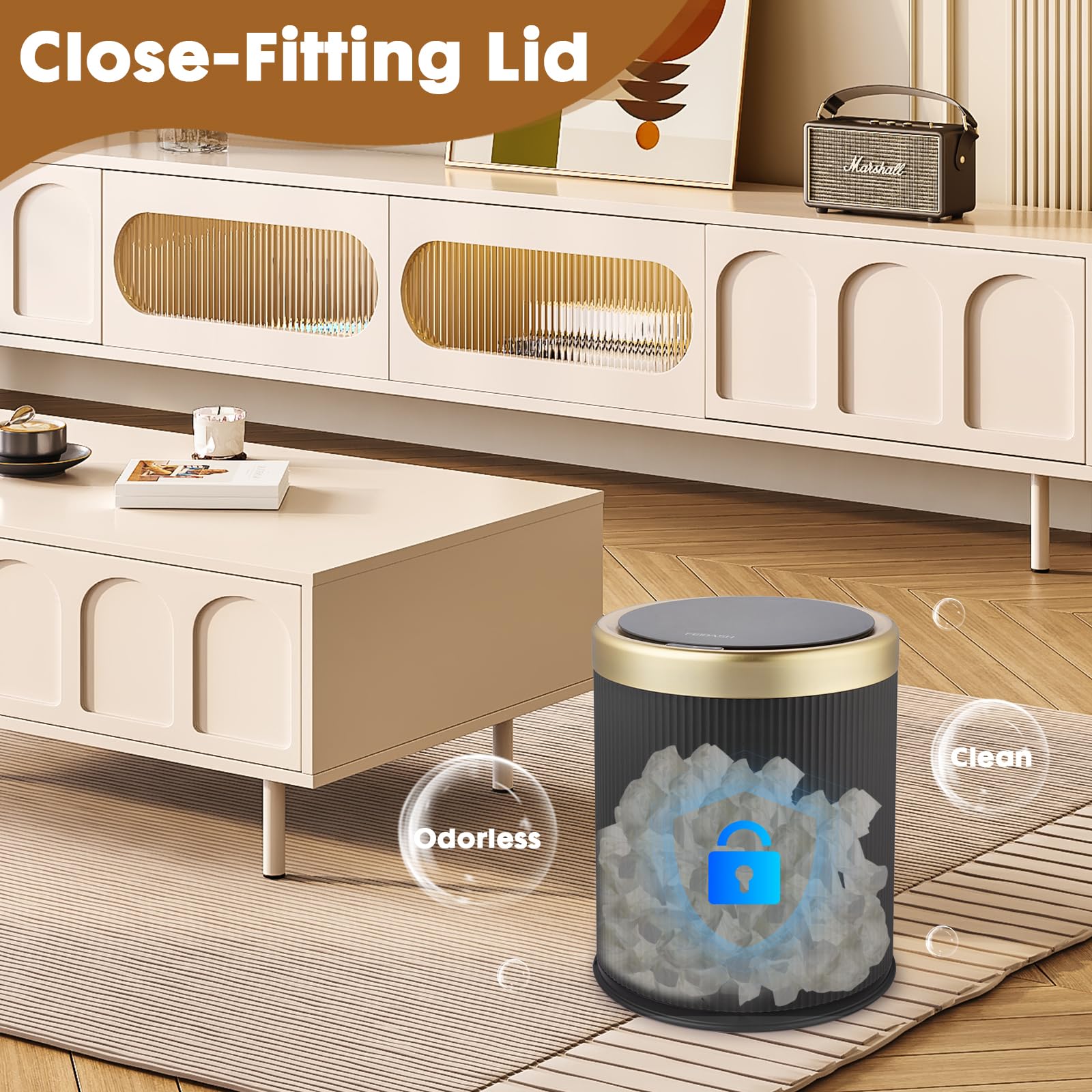 onlcuk battery-powered operation enables cordless, touchless trash disposal.