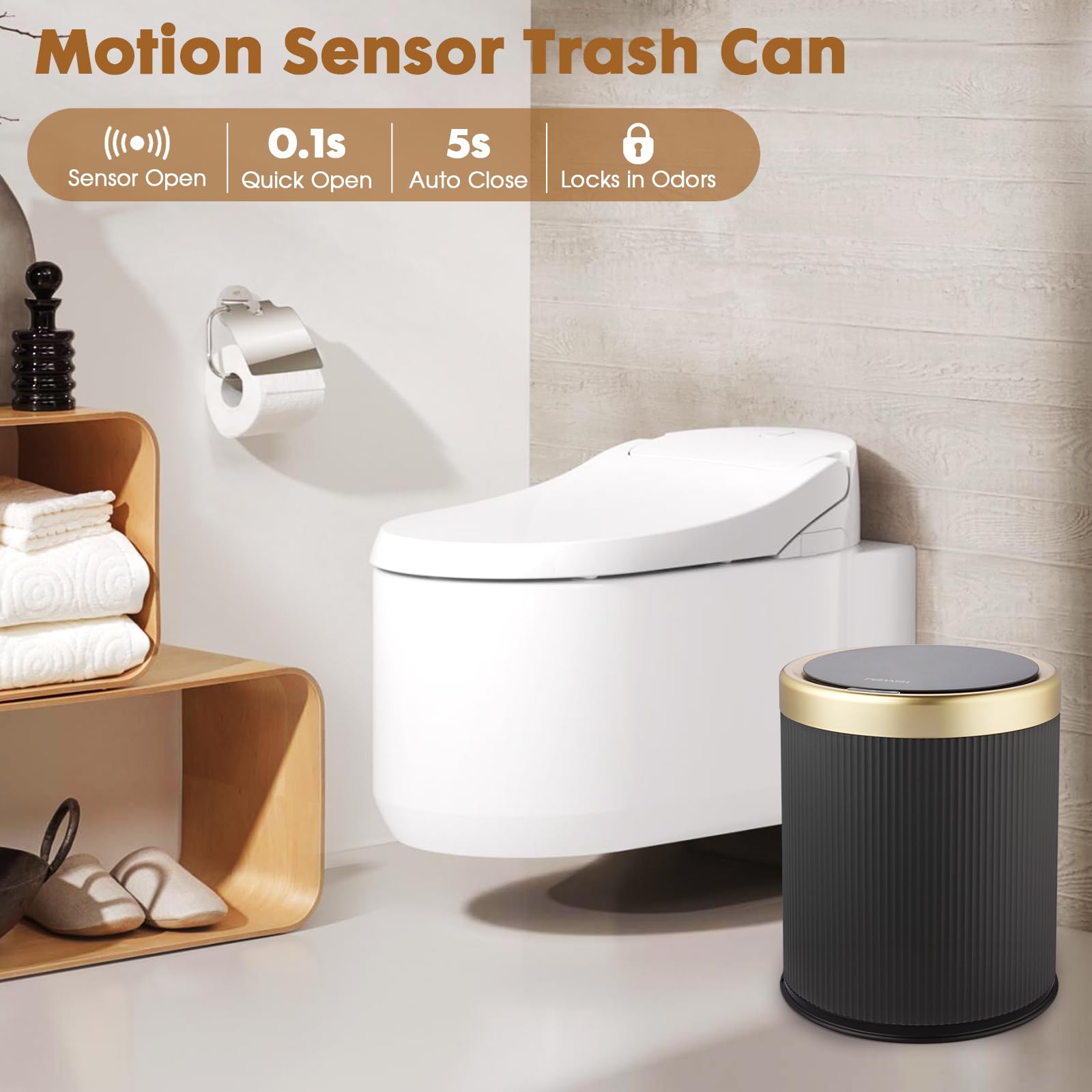 onlcuk motion sensor trash can closes quietly after sensing no movement.