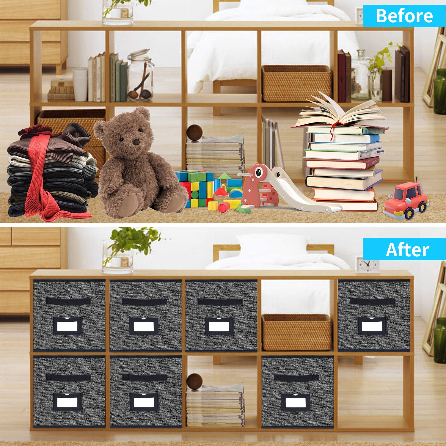 Onlyeasy foldable storage cubes opened to reveal spacious interior for clothes or toys.