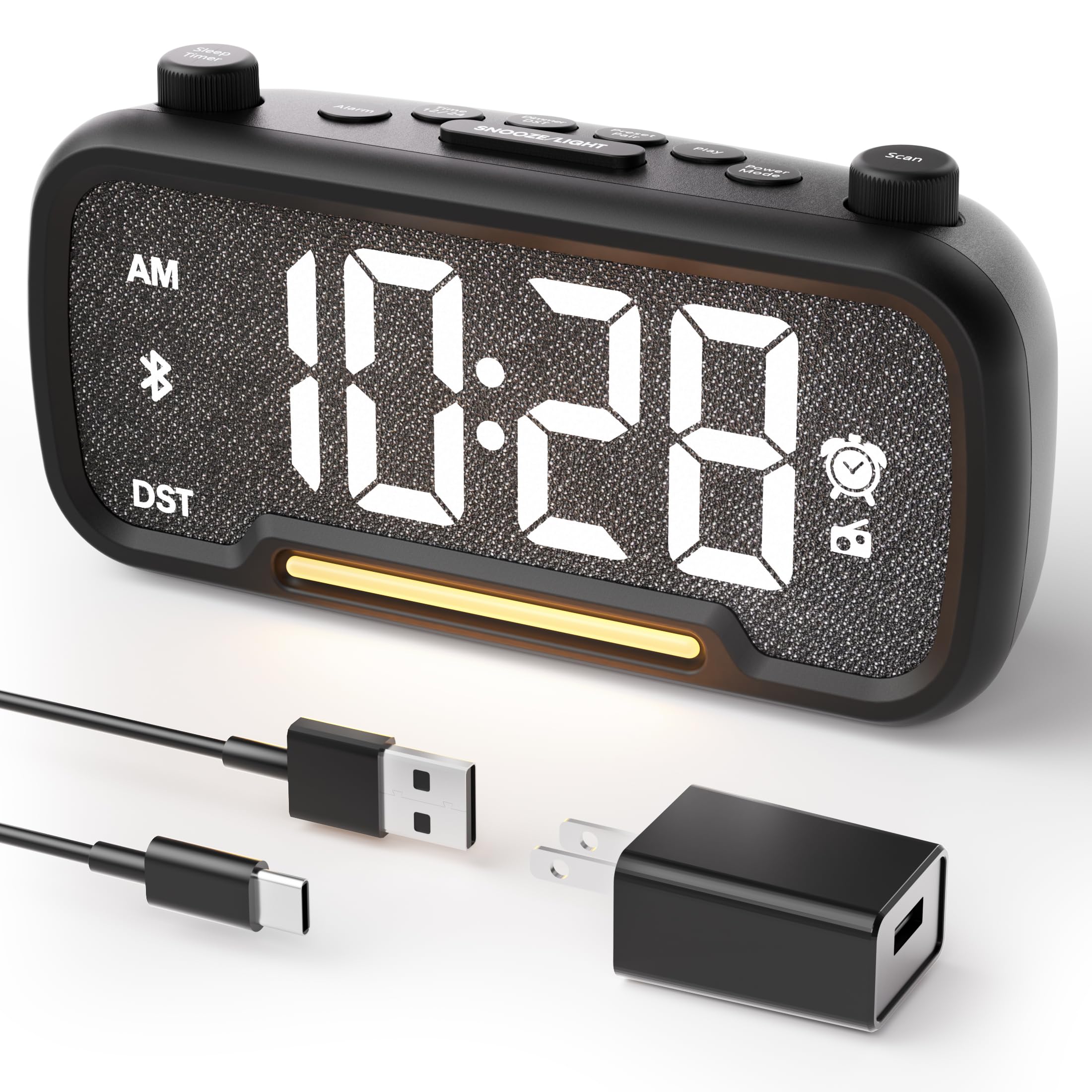 OnLyee 5-in-1 alarm clock display with ambient LED for easy bedside viewing.