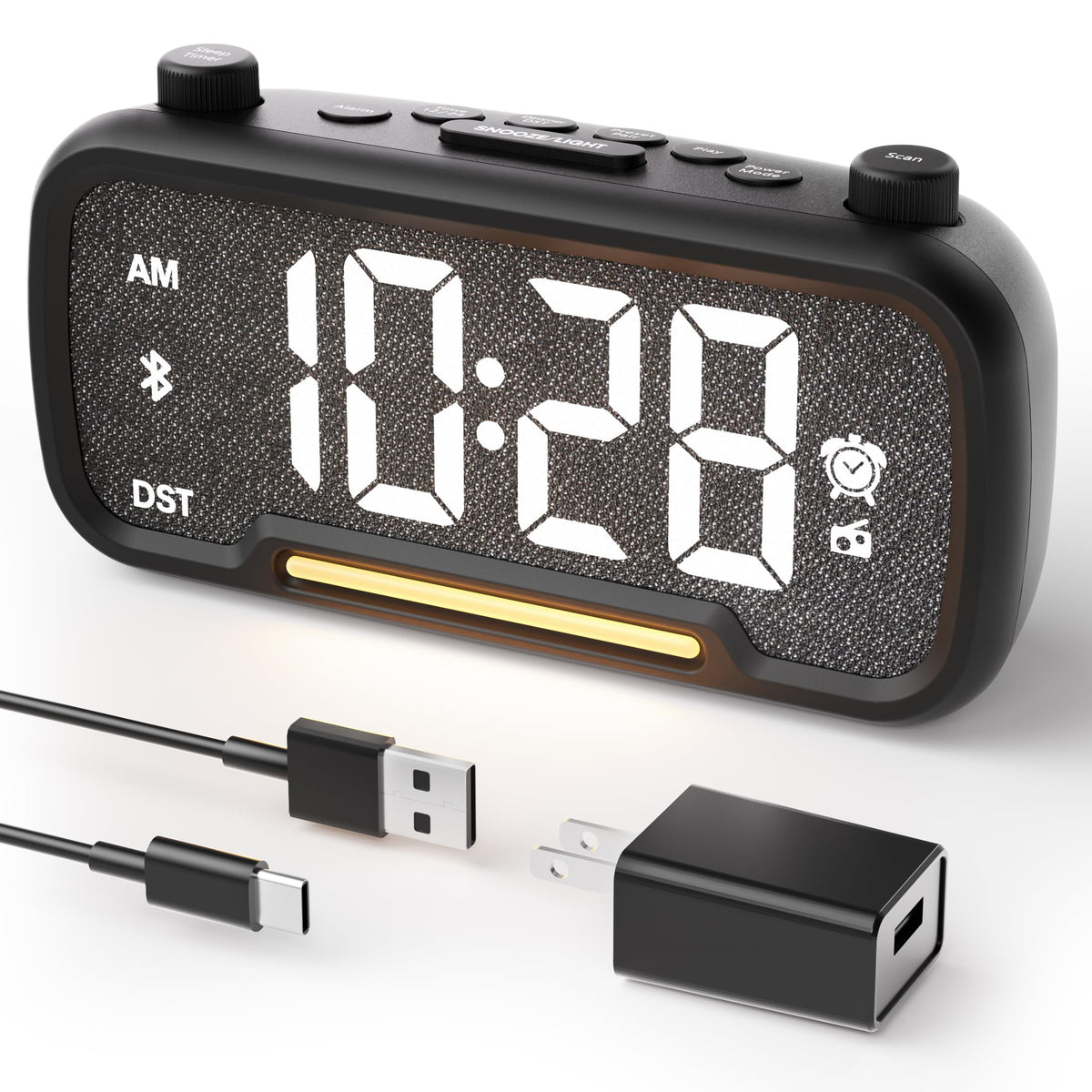 OnLyee 5-in-1 alarm clock display with ambient LED for easy bedside viewing.