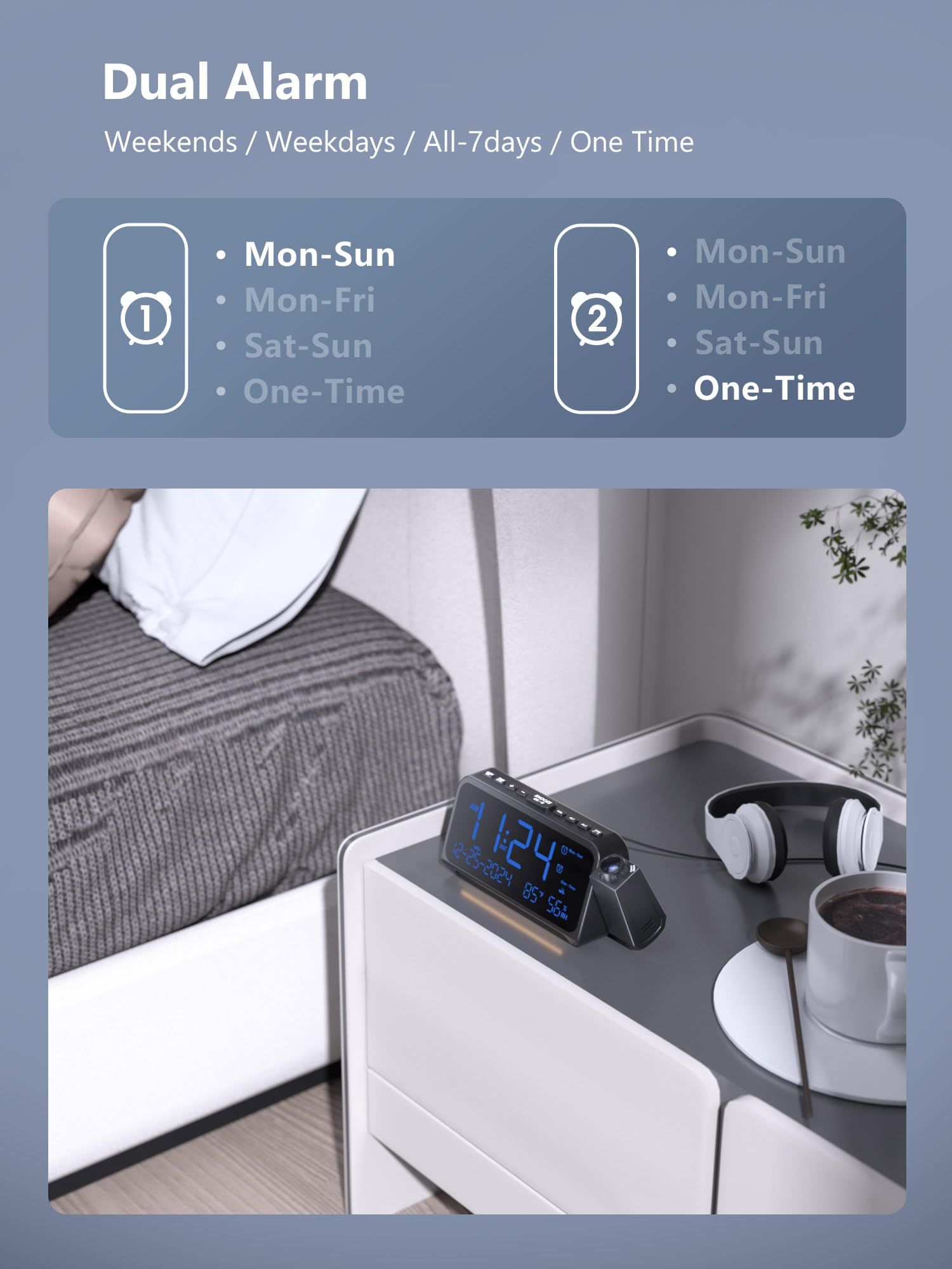 OnLyee dual alarms with weekday weekend mode support flexible wake routines.