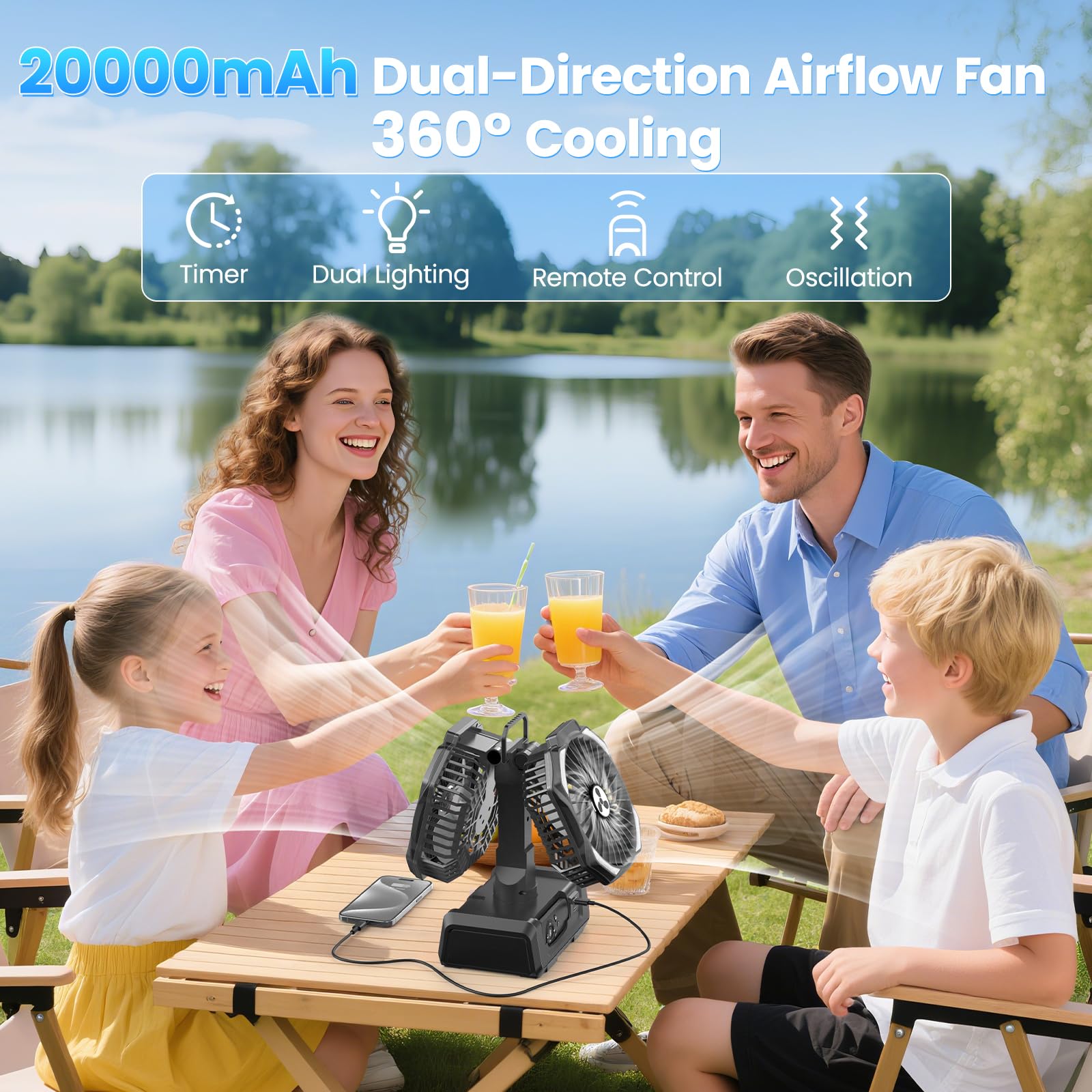 ONLYNEW dual-head fan back airflow for tent interiors