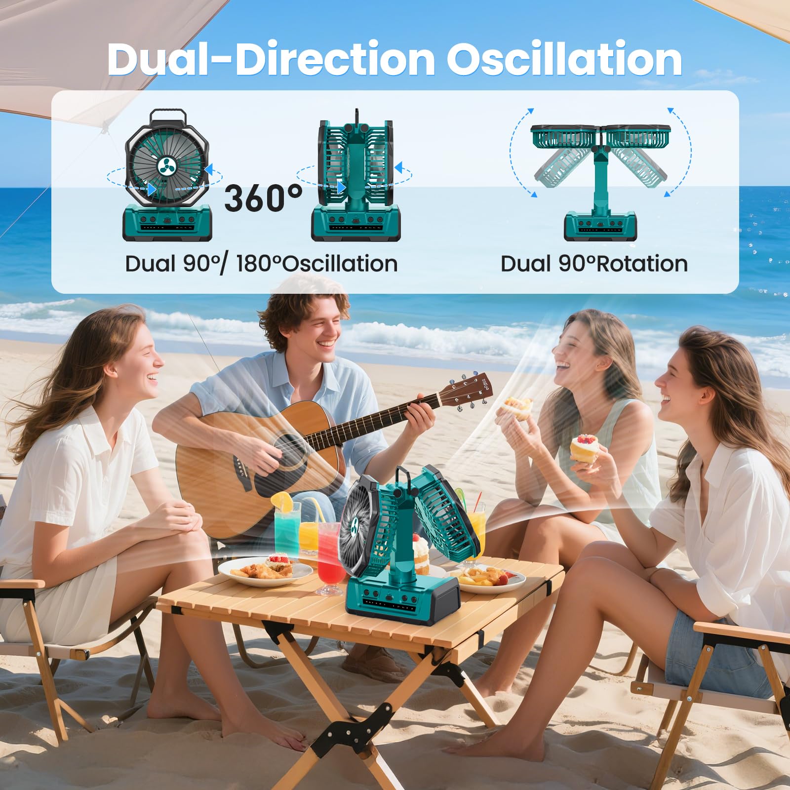 ONLYNEW dual-head fan camping scene demonstrates portable power and airflow.