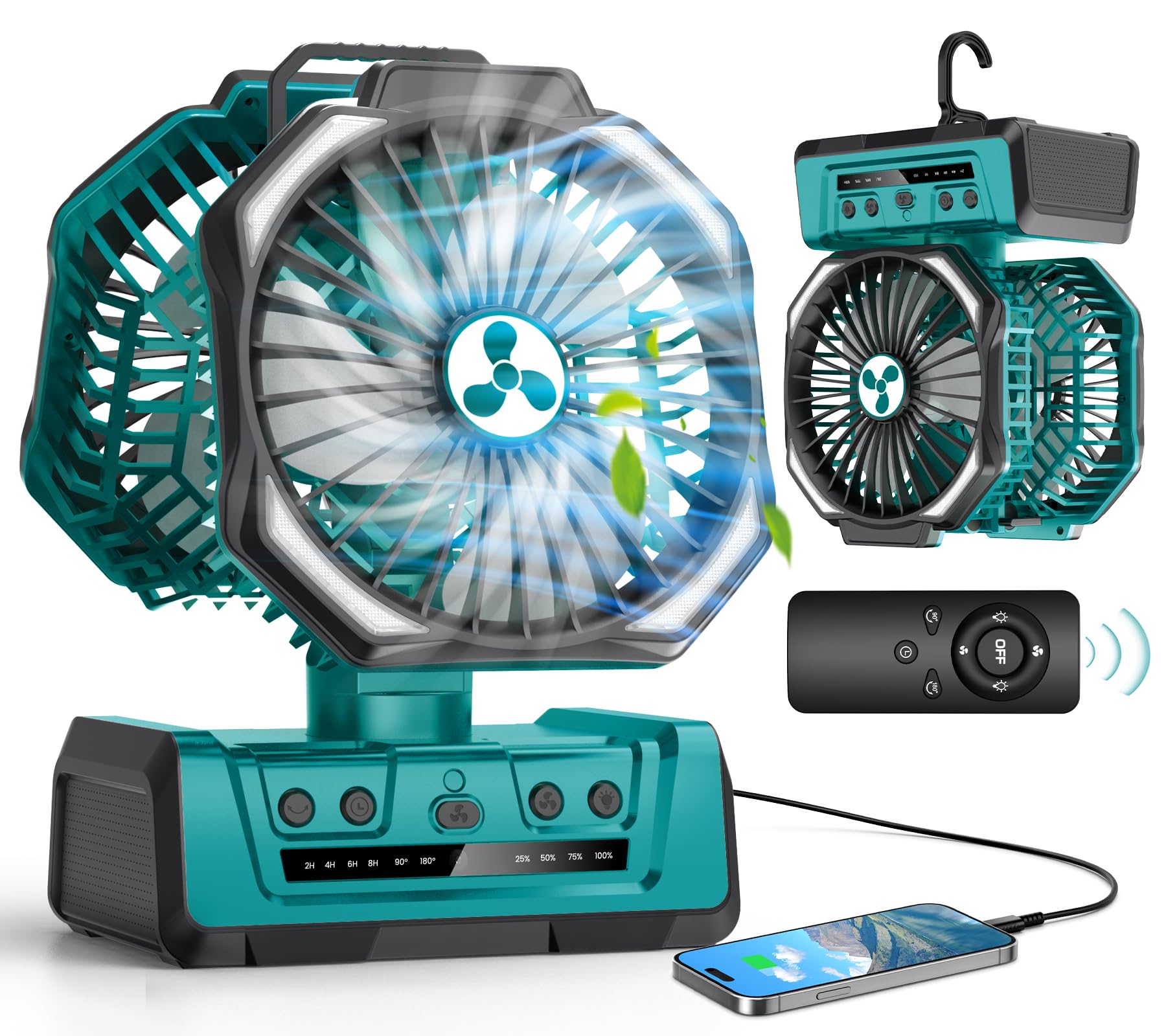 ONLYNEW dual-head fan front view delivering wide cooling for outdoor use.