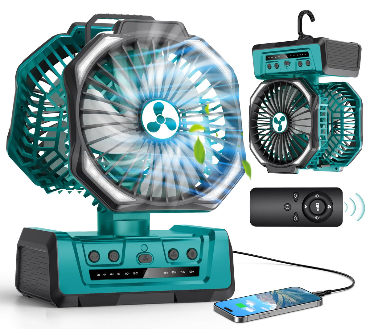 ONLYNEW dual-head fan front view delivering wide cooling for outdoor use.