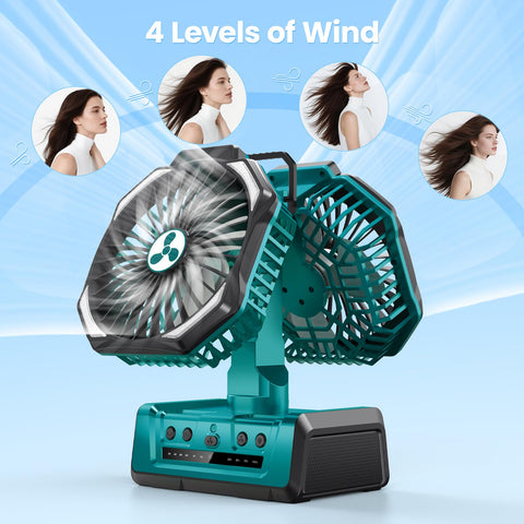 ONLYNEW dual-head fan with LED lantern for dim-light camping tasks.