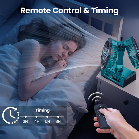 ONLYNEW dual-head fan tilt feature illustrates adjustable airflow angles.