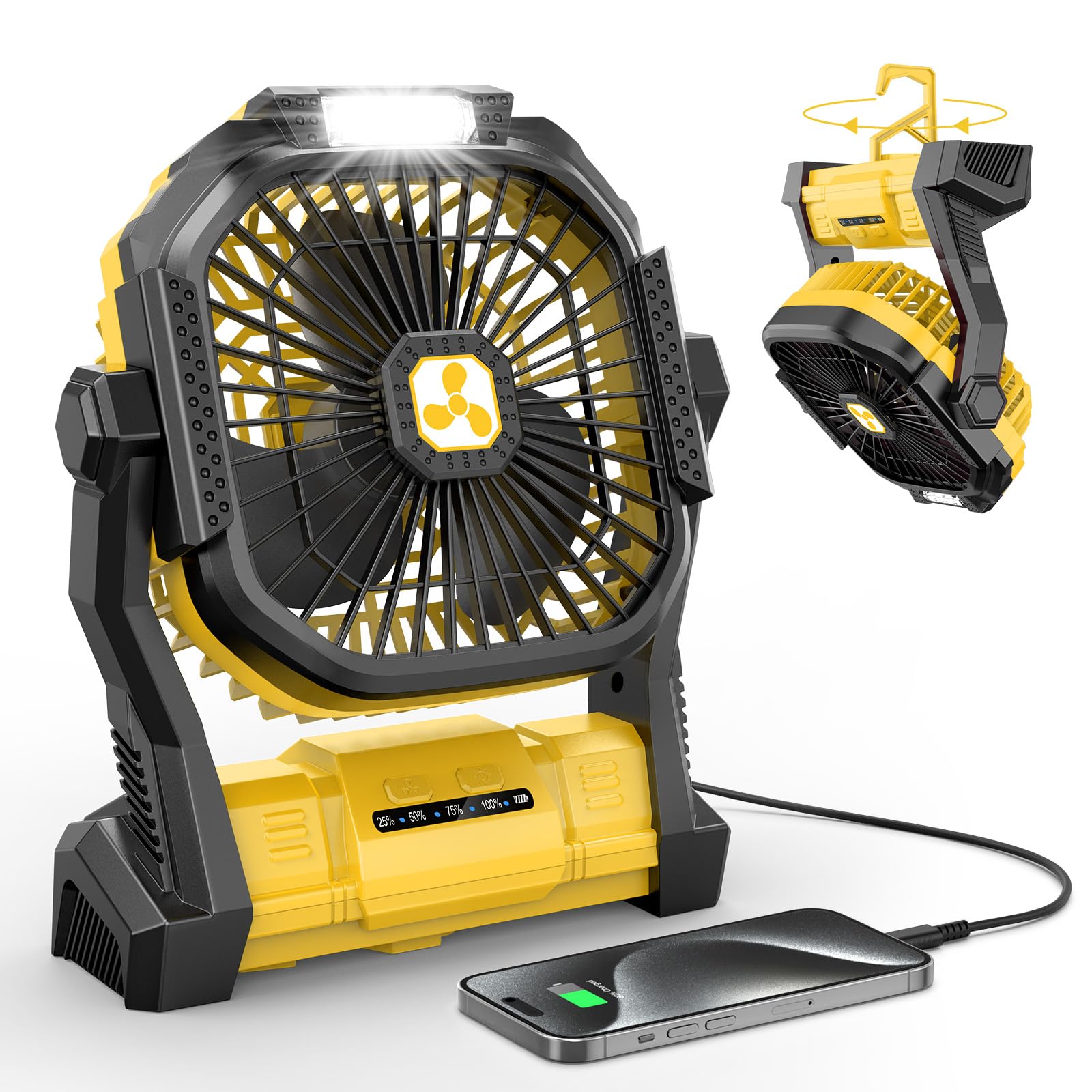 ONLYNEW portable fan 20000mAh in action, compact design ideal for travel and camping