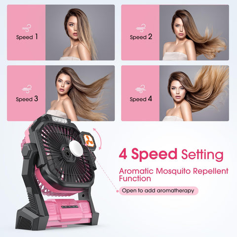 ONLYNEW portable fan 270-degree rotation, flexible airflow for tent or desk.