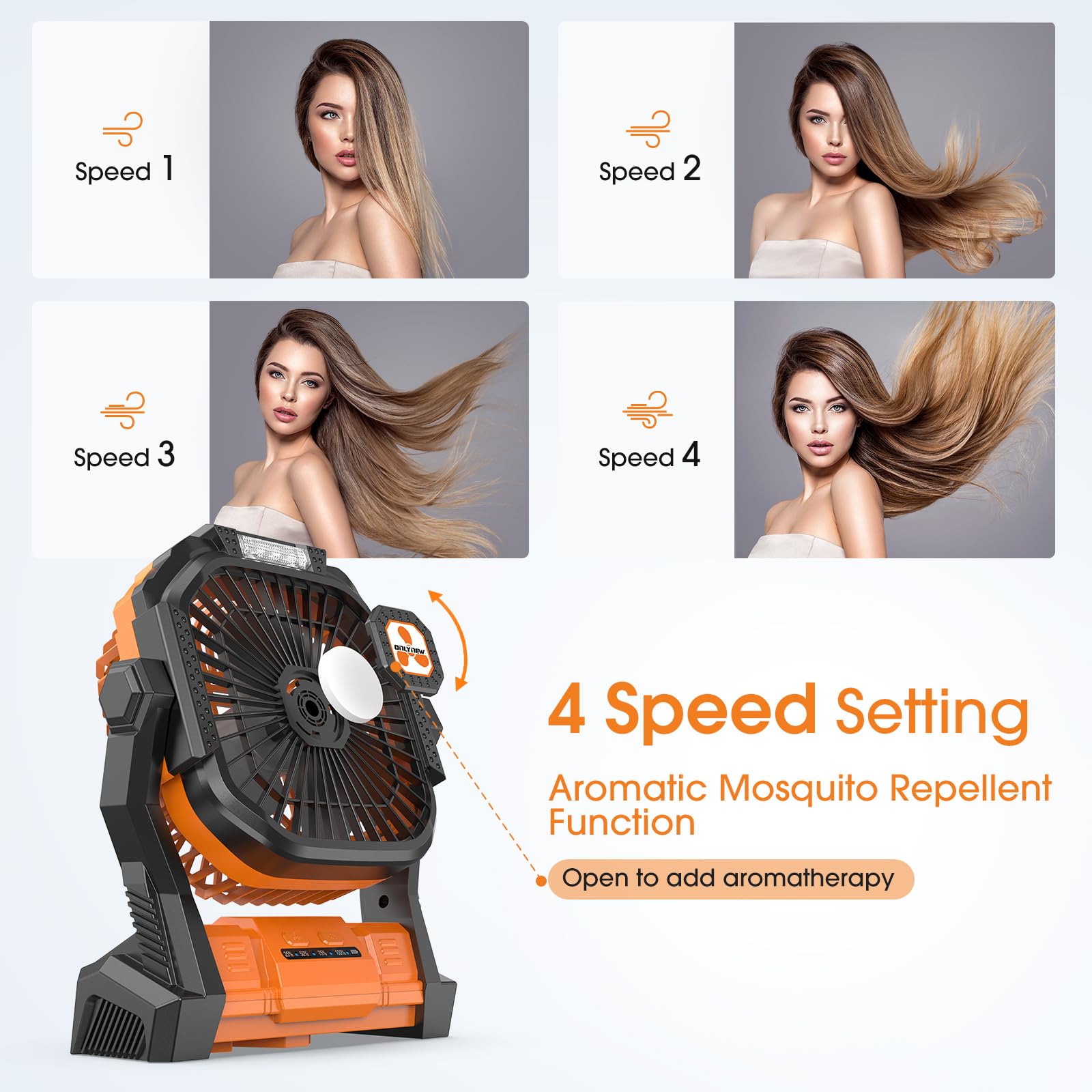 ONLYNEW portable fan with 4 speeds provides customizable airflow for indoors or outdoors.