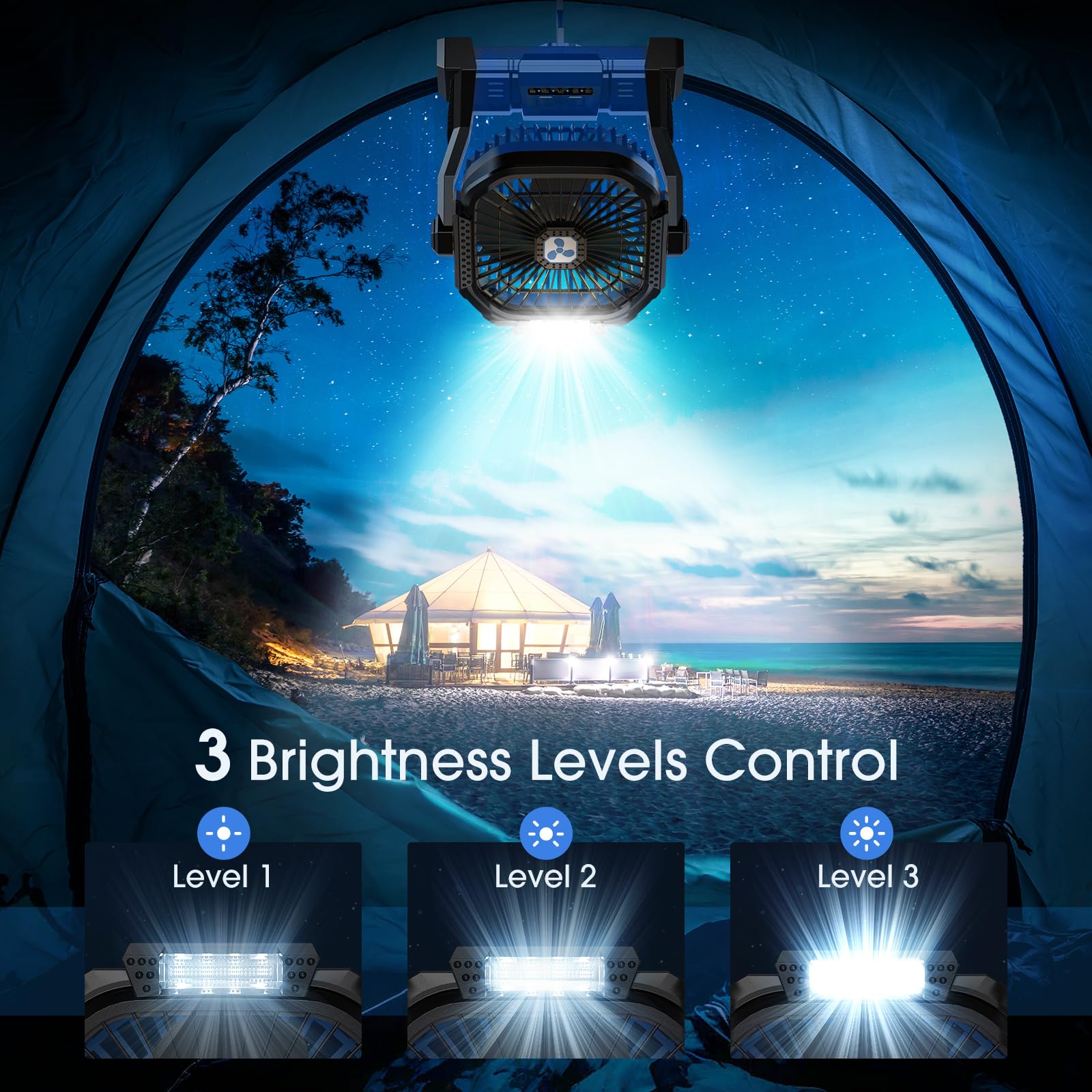 OnlyNew portable fan with foldable hook hanging inside a tent