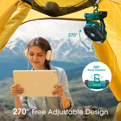 ONLYNEW portable fan with foldable hook for easy tent hanging.