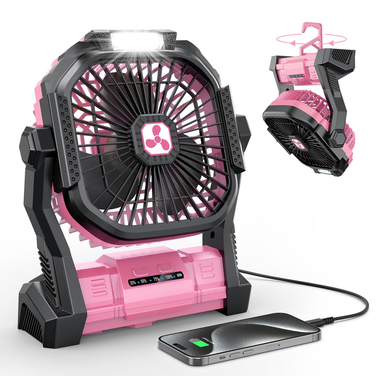 ONLYNEW portable fan front view, compact and travel-ready for camping and desk use.