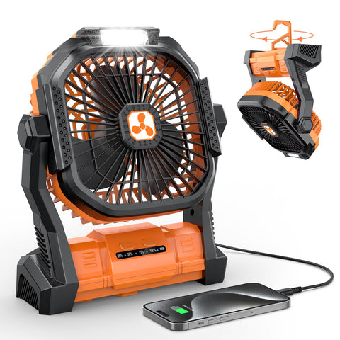 ONLYNEW portable fan with LED lantern front view, ideal for camping and travel.