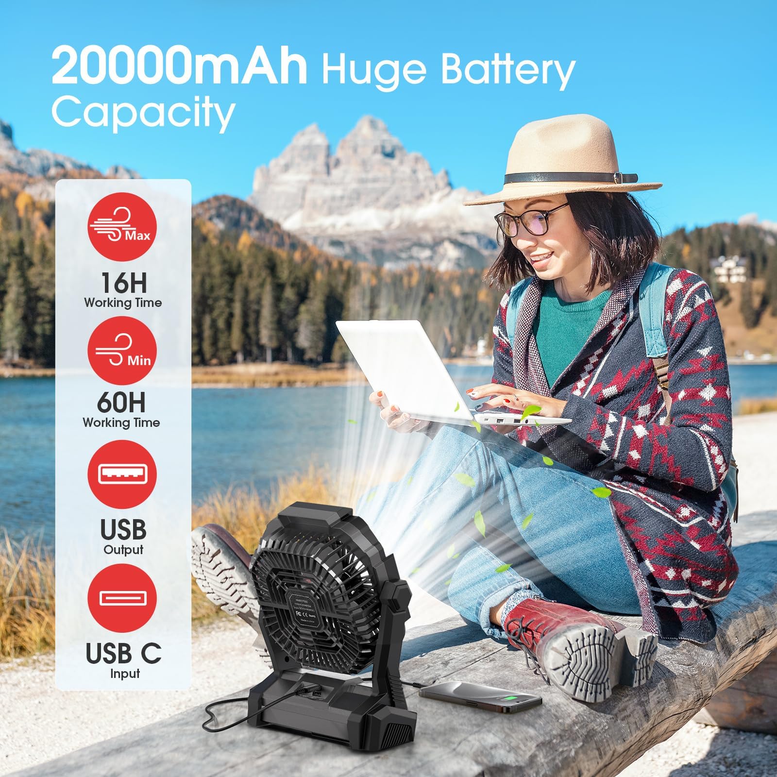 ONLYNEW portable fan with LED lantern for campsite lighting and multi-use comfort