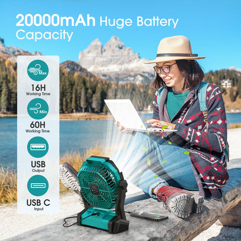 ONLYNEW portable fan LED lantern provides soft, bright lighting for camping nights.