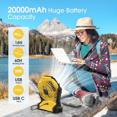 ONLYNEW portable fan with LED lantern provides soft light for nighttime camping