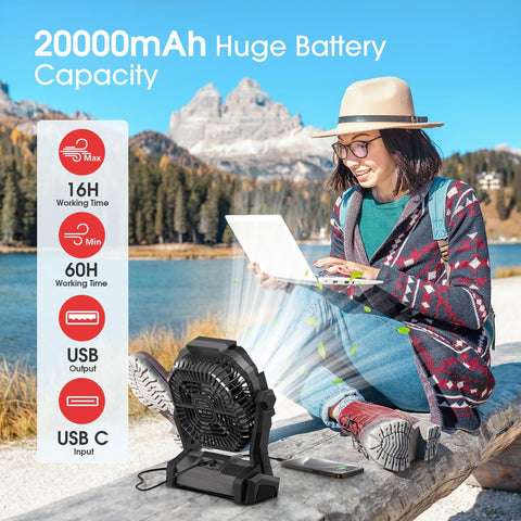 ONLYNEW portable fan with LED lantern for campsite lighting and multi-use comfort