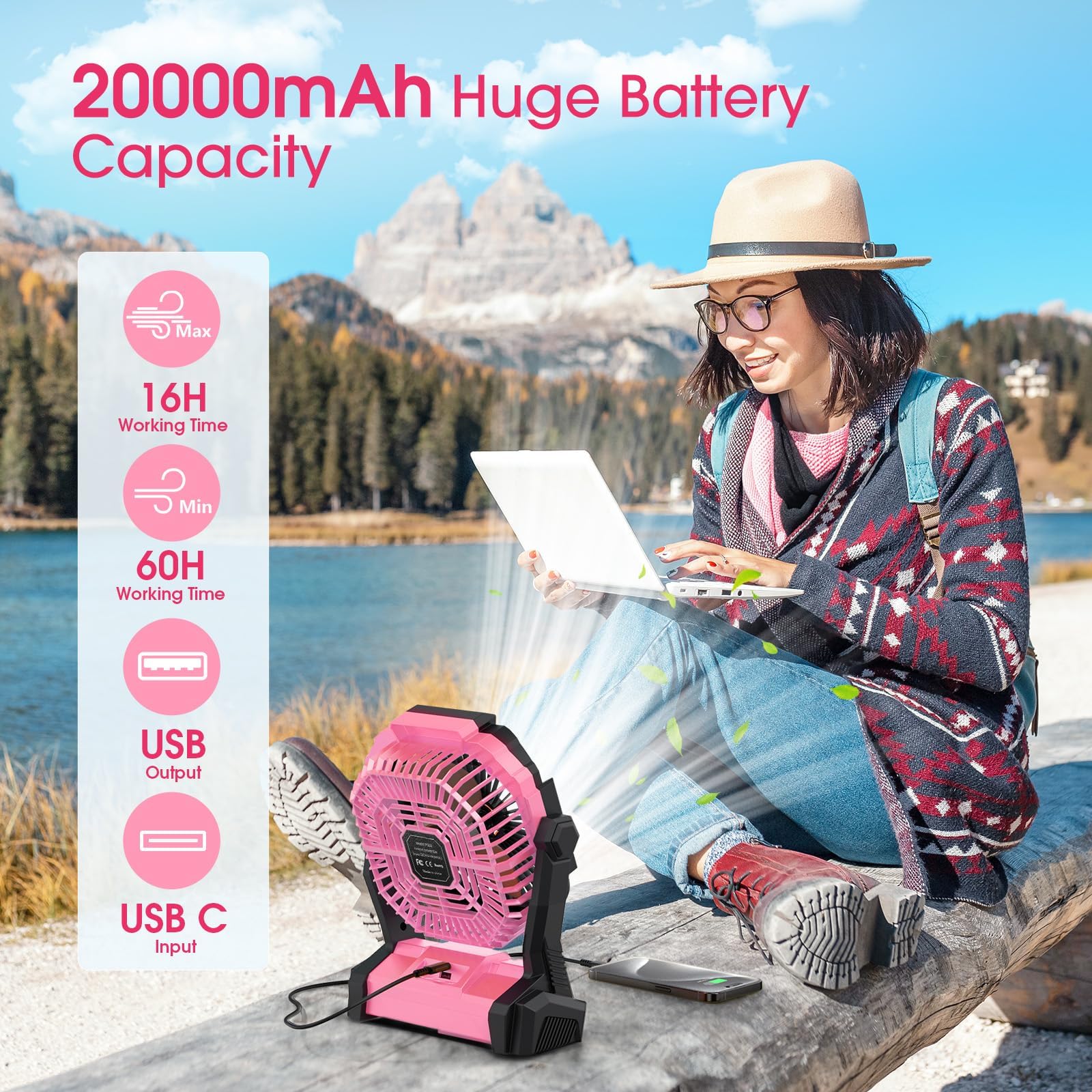 ONLYNEW portable fan side view, quiet operation and foldable tent hook.