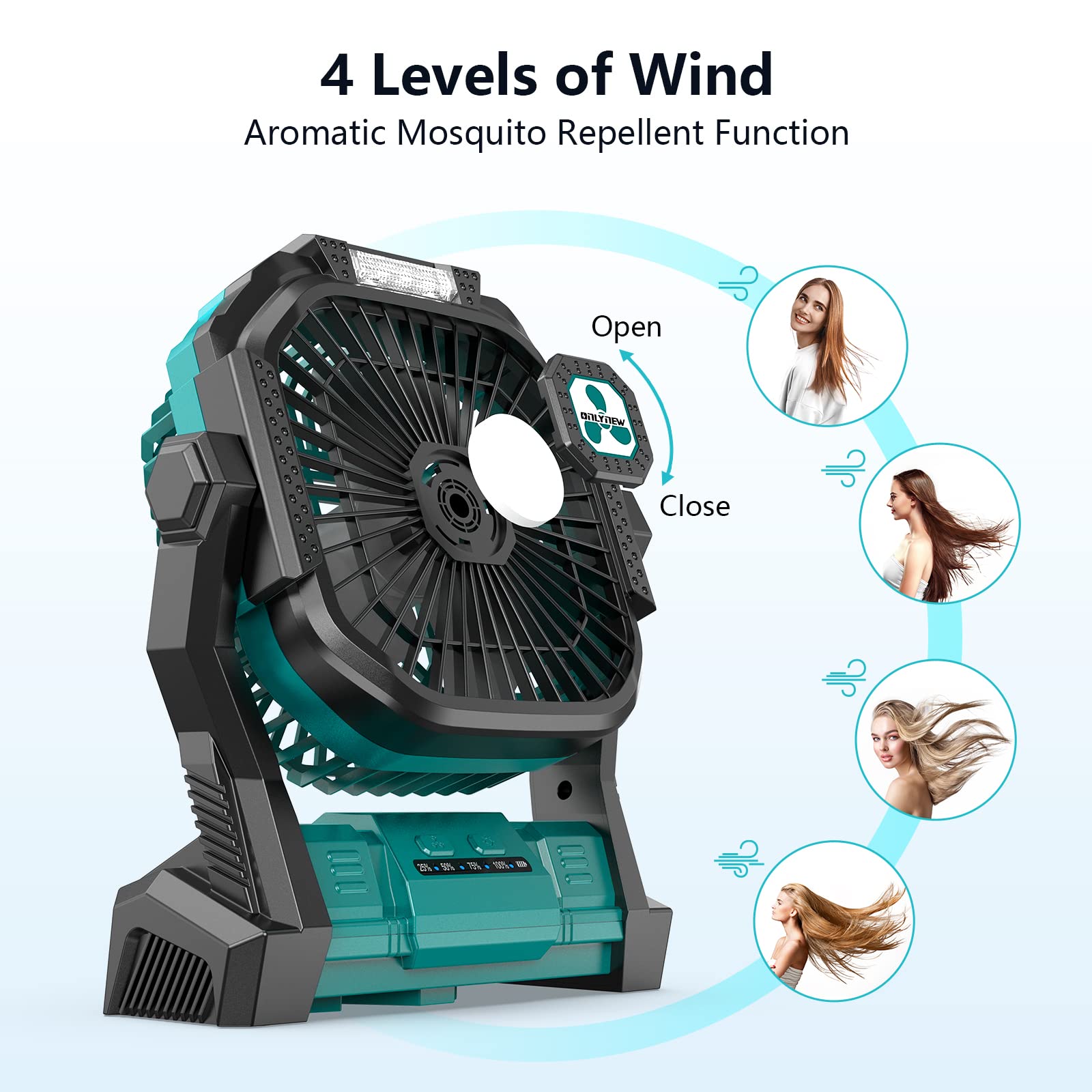 ONLYNEW USB-C powered portable fan charges devices during outdoor trips.