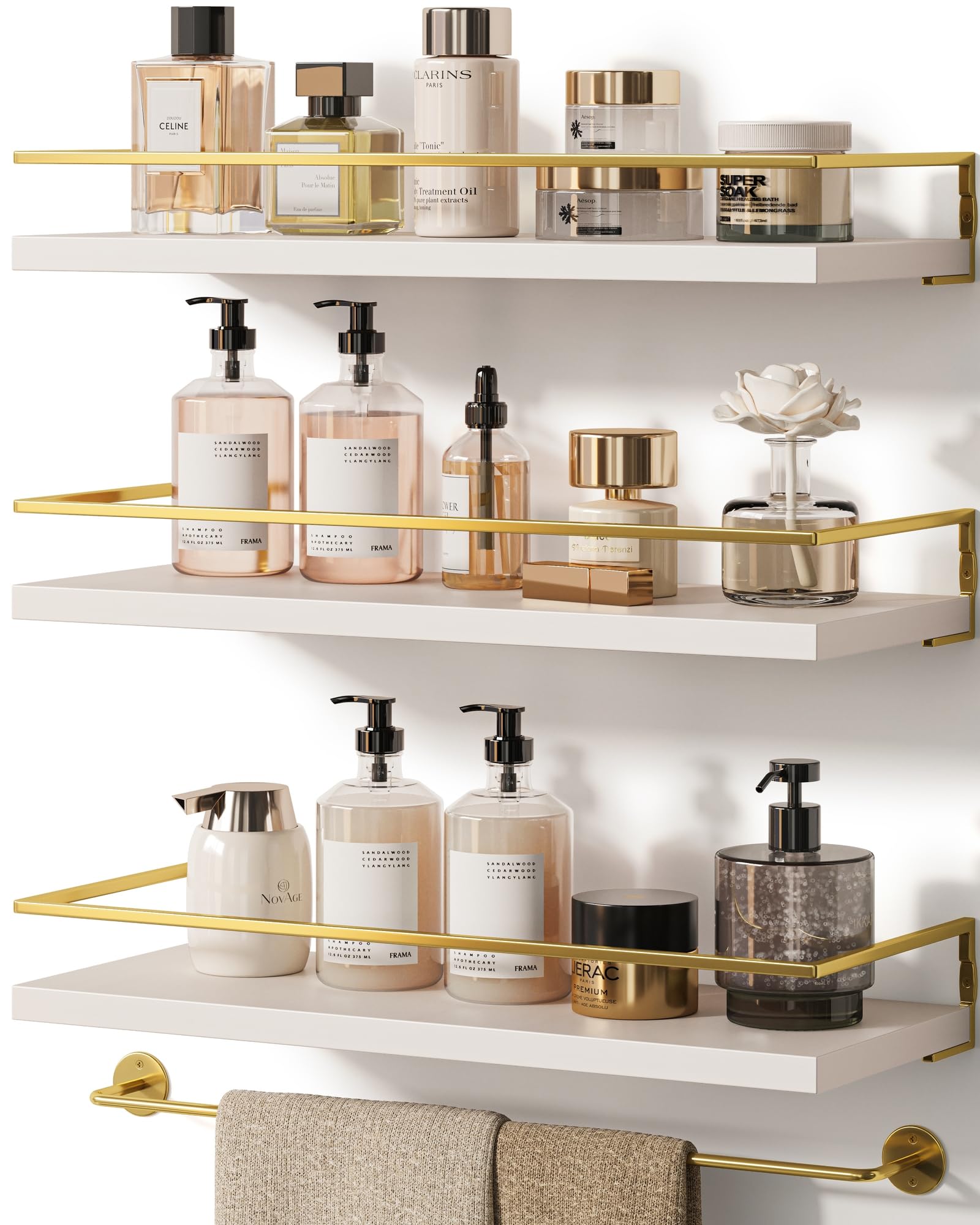Onlysky bathroom floating shelves set of 3 with white-gold finish adds space and style.