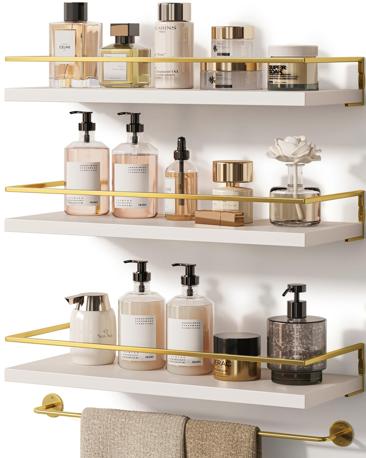 Onlysky bathroom floating shelves set of 3 with white-gold finish adds space and style.