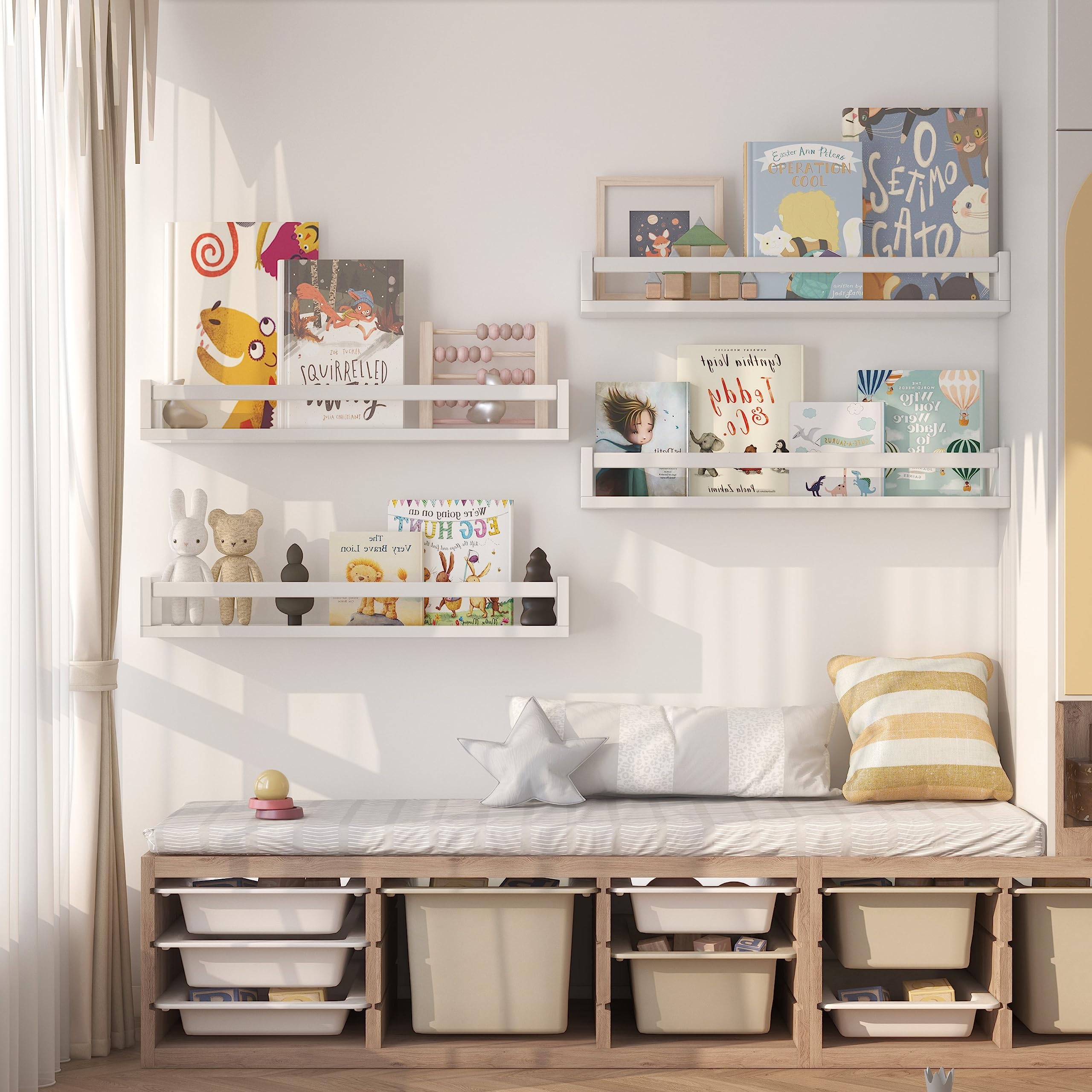 Onlysky white floating shelves for kids room used to display books and toys.