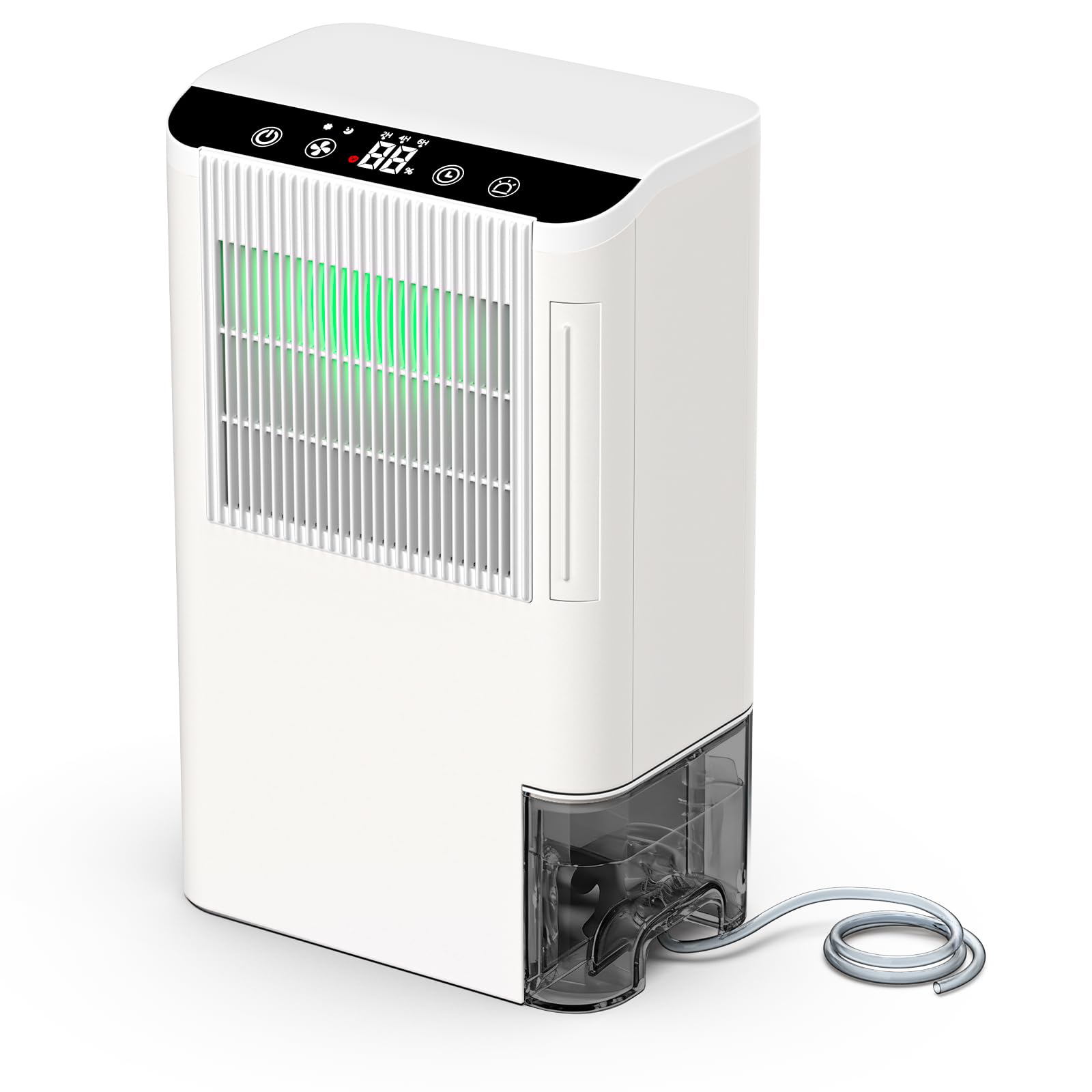 Onsekin dehumidifier sweet white front view, compact design suitable for basements.