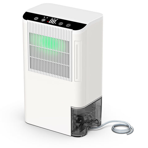 Onsekin dehumidifier sweet white front view, compact design suitable for basements.